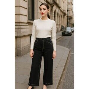 Joie Women’s High Rise Wide Leg Size 10 Black Pants Contrast‎ Stitch Trousers
